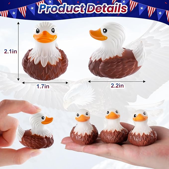 12 PCS Bald Eagle Rubber Ducks, Patriotic Bald Eagle Ducks for Jeeps, Ducks for Cruising Ships Hiding Carnival Ducking Bath Toys, Animal Ducks Collection, Baby Shower Easter Basket Stuffers for Kids