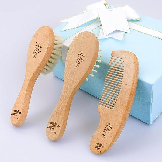 Personalized Wooden Hair Brush Set with Soft Goat Bristles for Babies and Toddlers - Cradle Cap Brush and Baby Registry Gift