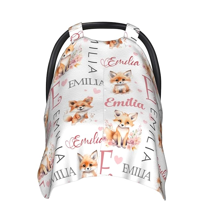 Personalized Baby Car Seat Cover Winter Custom Minky Carseat Cover Boy Girls with Name Fox Carseat Canopy Customized Car Seat Canopy Infant Carrier Covers Nursing Cover Toddler Blanket
