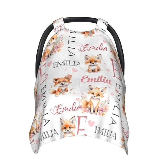 Personalized Baby Car Seat Cover Winter Custom Minky Carseat Cover Boy Girls with Name Fox Carseat Canopy Customized Car Seat Canopy Infant Carrier Covers Nursing Cover Toddler Blanket