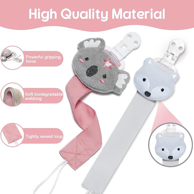 TYRY.HU Pacifier Clip for Baby Girls, 2 Pack Neutral Pacifier Holder Clip for Boys, Soft Webbing Soothie Stuffed Animal Binky Clips Fit All Pacifiers, Cute Baby Birthday Christmas Gift (Koala, Fox)