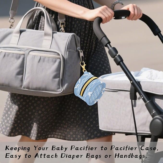 Pacifier Holder with Clip Pacifier Case for Diaper Bag Round Baby Pacifier Pouch Box Bag Portable Blue Cute Quatrefoil