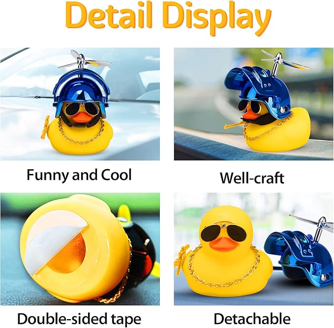 wonuu Rubber Duck Car Ornaments Cool Yellow Duck Car Dashboard Decorations Squeaky Glasses Duck with Propeller Helmet for Car ccessories Dashboard (Y-Blue)