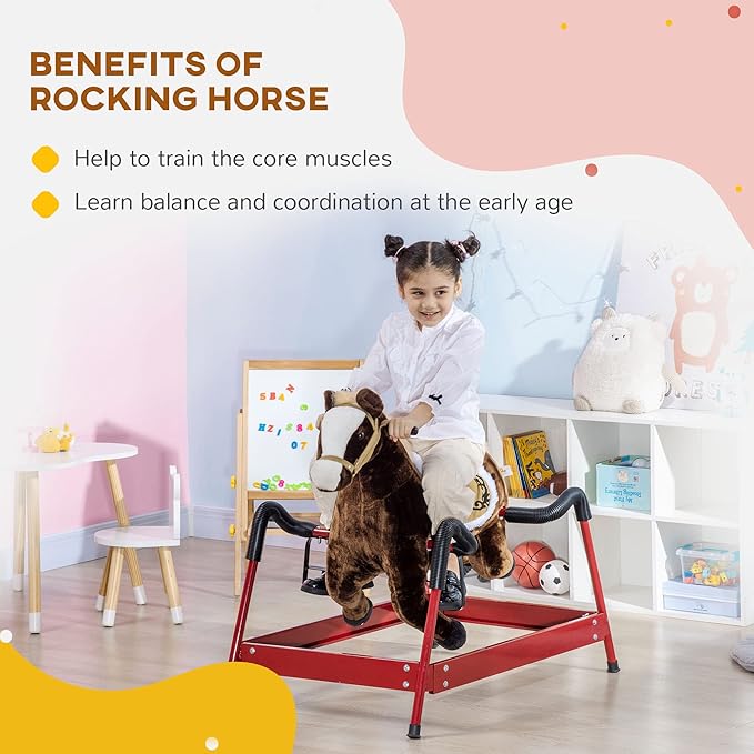 Qaba Kids Spring Rocking Horse, Ride on Horse for Girls and Boys with Animal Sounds, Plush Animal Ride-on Toy with Soft Feel, Interactive Toy for Kids, Dark Brown