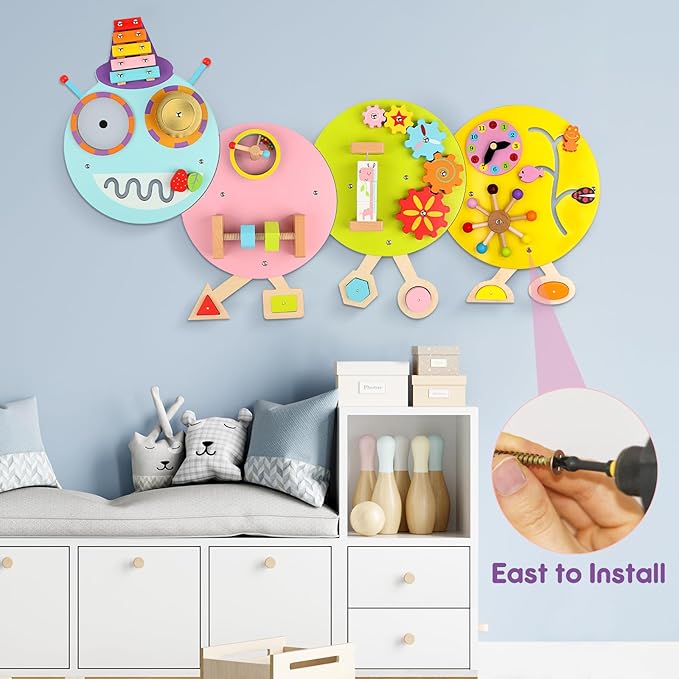Caterpillar Activity Wall Busy Board for Kids:12 in 1 Sensory Wall Panel for Toddler,Wooden Montessori Educational Toys for Playroom Daycare Nursery Classroom
