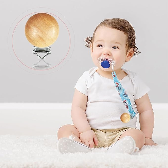 16 Pieces Wood Pacifier Clips Teething Grasping Toy Suspender Clips Natural Beech Wood Pacifier Clip Holder Charm DIY Pacifier Clips Chain Accessories