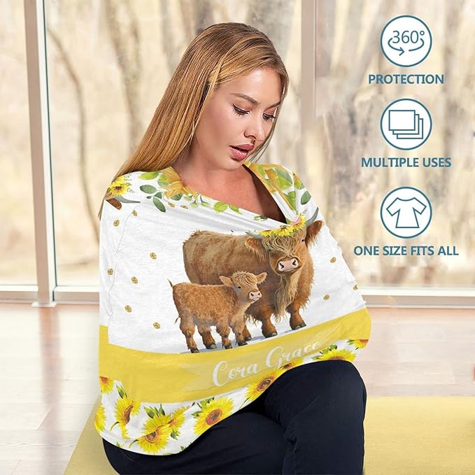 Personalized Baby Car Seat Cover for Boys Girls, Custom Nursing Covers for Breastfeeding with Name, Infant Stroller Cover, Baby Carseat Canopy for Newborn, Multiuse Car Seat Canopies, Sunflower Cow