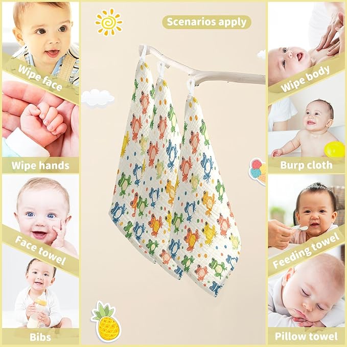 Newborn Face Towel Cute Frogs Soft Cotton Baby Washcloths 11.8 x 11.8 Inch Infants Girls Boys Muslin Burp Cloths 5 Pack