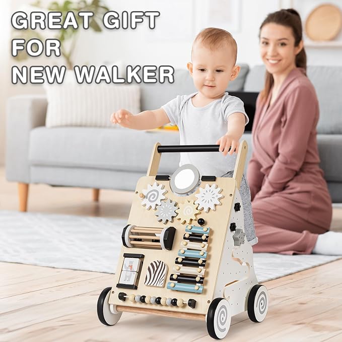 HUZU Wooden Baby Walker with Wheels, Montessori Push and Pull Activity Center for Toddlers, Adjustable Height & Speed, Learning Toy for 6-12 Months 1-3 Years Old Boys and Girls (Nature Wood)