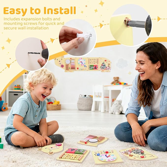 Activity Wall Busy Board Panels, Bear Wooden Montessori Sensory Toys, Toddler Learning Activity Center, Sensory Wall Panel Ideal Educational Gift for Boys and Girls