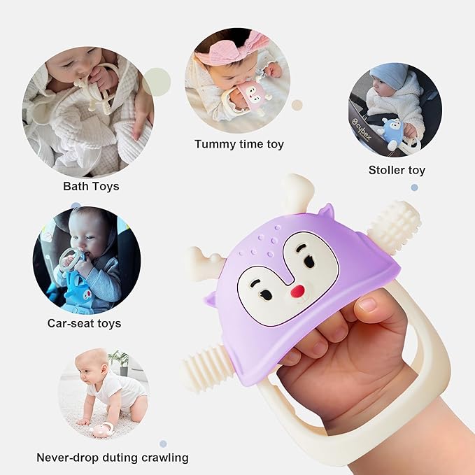 Smily Mia Reindeer Hand Teether for 3-6Months, Baby Chew Toys/Teething Toys for 6-12Months, BPA Free Silicone Teething Mittens/Toothbrush for Teething Relief, Purple-Purple