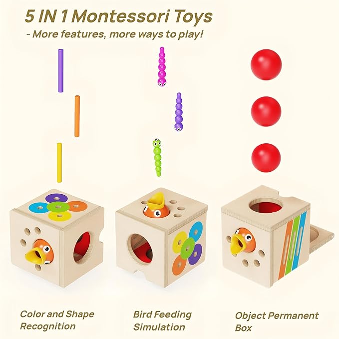 5 in 1 Montessori Toys for 2 3 Year Old Boys and Girls, Wooden Learning Toys with Object Permanence, Bird Feeding Game, Fine Motor Skills, Problem Sloving