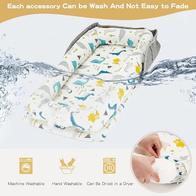 Baby Lounger for Newborn Infant - Ultra Soft Breathable Baby Nest with Ergonomic Womb-Like Design, Adjustable Bumper, Portable Travel Baby Bassinet for Sleep & Rest - Blue Dinosaur
