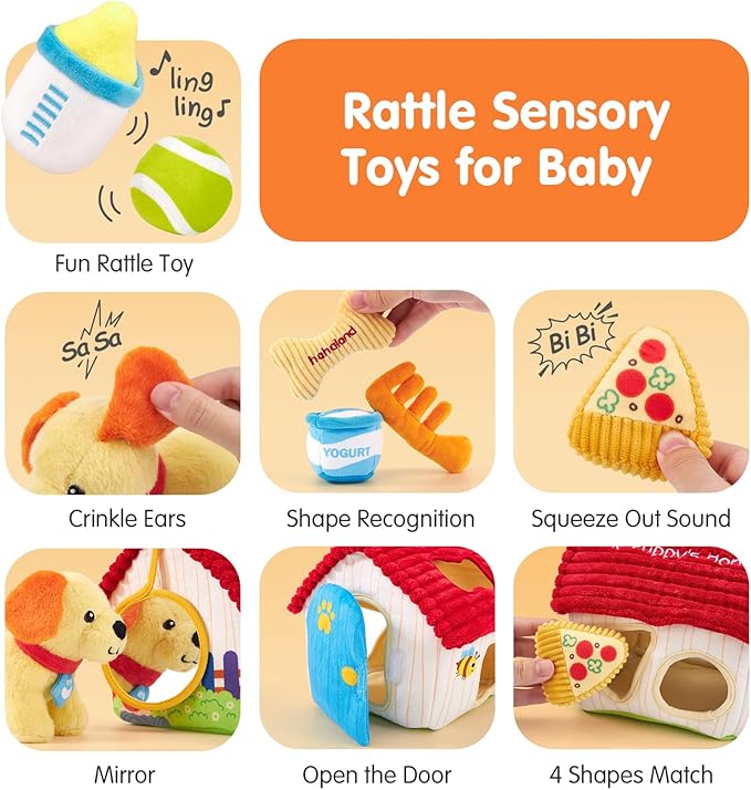 hahaland Montessori Toys for 1 Year Old – Plush Puppy Sensory Toy Set with Dog House, Rattle, Crinkle, Mirror & Shape Sorter, Pretend Play Learning Toy for Toddlers 1-3, Baby Easter Basket Stuffers