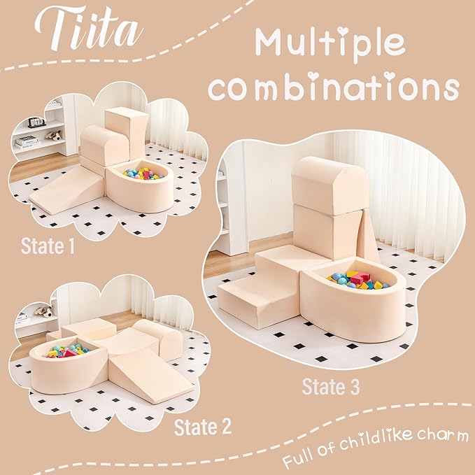 Tiita Foam Climbing Blocks with Small Ball Pit Playground for Baby, Climb and Crawl Playset 5-Piece - Indoor Soft Play Climber for Playtime Fun, Beige