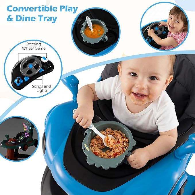 INFANS 6-in-1 Foldable Baby Walker, Converts Push Car to Bouncer, Rocker with Music, Lights, Adjustable Height & Speed, Activity Center, Canopy for 7-18 Months (Blue)