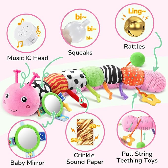 AWOTOY Baby Toys 6-12 Months Music Caterpillar Infant Toys Stuffed Animals 0-3-6 Months Teething Tummy Time Sensory Toys with Mirror Rattle&Pull String for Boys Girls Birthday Gifts|Pink,Knot Limb