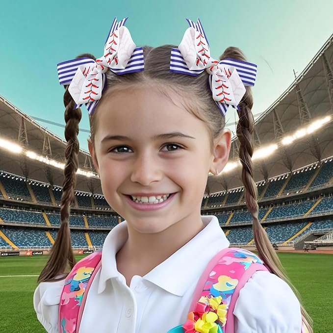 YanJie 2pcs 4'' Baseball Bow Baby Girl Hair Clips with Stripes Softball Grosgrain Ribbon Alligator Clips for Toddler Teen Girls Hair Accessories