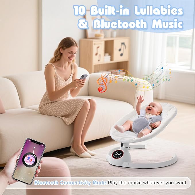 Soobaby Baby Swing for Infants,Electric Swing for Babies,Portable Swing for Baby Boy Girl,Remote Control Indoor Baby Rocker with 5 Sway Speeds,Music and Bluetooth,Bright Gray