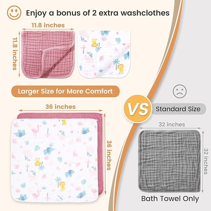 Muslin Bath Towel for Toddler 4 Pcs, 36x36 Inch 100% Muslin Cotton Baby Hooded Bath Towel and Washcloths for Babies, Infant and Kids, Soft and Absorbent Newborn Essential(Pink and Elephant)