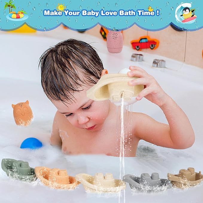 Baby Bath Toys Stackable Boats with Soft Silicone Squirt Water Animal Toys, 9 Pcs Floating Stacking Boat Bathtub Shower Pool Beach Toys for Toddler Kids 1-3