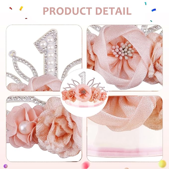cherrboll Baby Girl Birthday Crown Floral Headband, Soft Flower Head Wrap Tiara Hairband for 1-3 Years Old Toddlers Kids First 1st Birthday Party Dress Photo Decoration