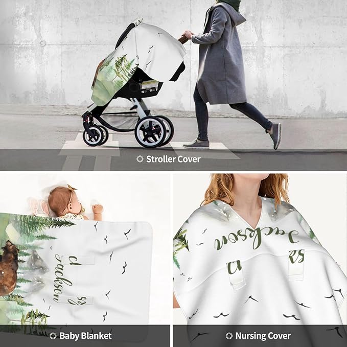 Personalized Baby Car Seat Canopy for Babies, Custom Name Woodland Bear Car Seat Covers for Baby Boys Girls, Opening Minky Nursing Breastfeeding Cover for Infant, Carseat Canopies for Newborn