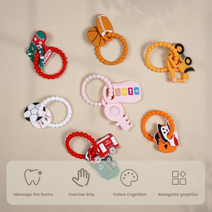 Silicone Baby Ring Toy with Two Teethers,Must Haves Teething Relief Chew Toys for 0-6,6-12 Months Boys and Girls,Newborns Essentials,Safe and Soft,BPA Free. (Keys)