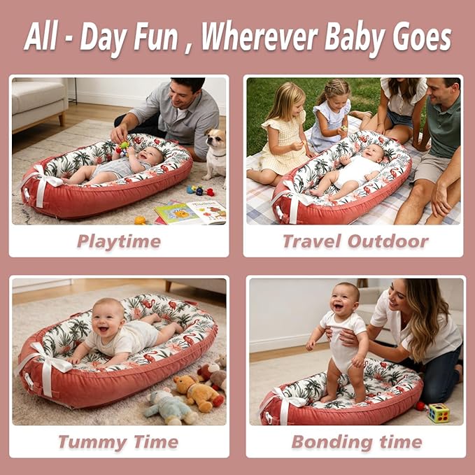 Baby Lounger-Breathable and Soft Organic 100% Cotton, Portable Infant Lounger with Removable Lounger Cover, Baby nest Lounger for Newborn - Red Flamingo