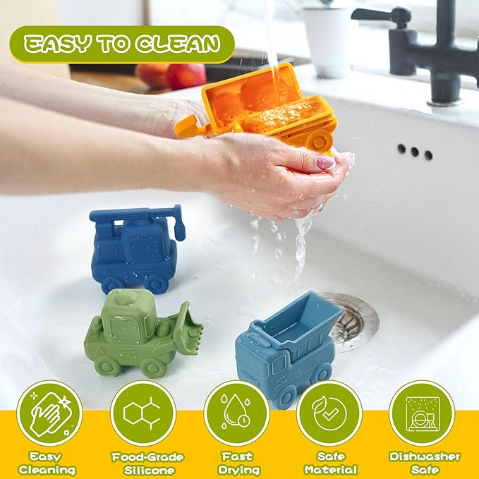 Mold Free Bath Toys 4 Pack Silicone Car Bath Toys - Truck & Construction Toys | Detachable, Squeezable & Floating Toddler Bath Toy | Bathtub Water Pool Toys for Toddler Gifts