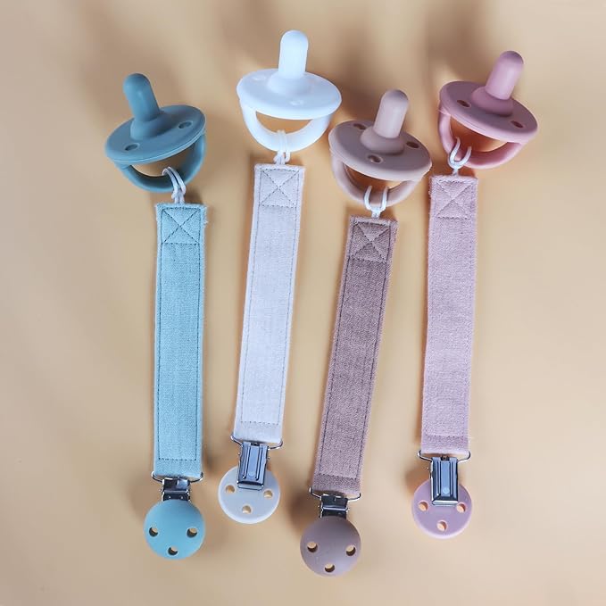 Pacifier Clip Holder for Baby Boy and Girl, Soft Pure Cotton Fabric Paci Binky Clips Fits for Most Pacifier Teethers & Small Toys in Place (Caramel+Dark Pink)