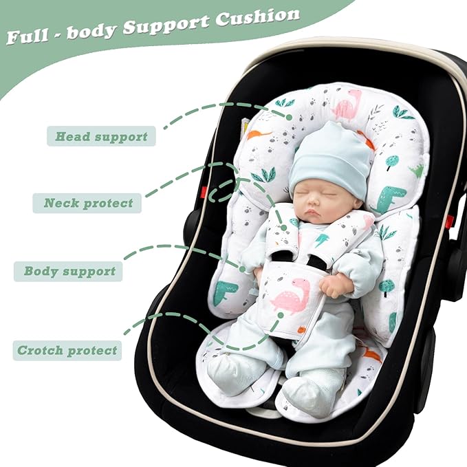 Infant Car Seat Insert, Soft Baby Car Seat Head Neck Pillow, Reversible Newborn Carseat Insert with Strap Covers, Universal Seat Pad for Carseats, Stroller, Swings, Bouncer, Dinosaurs
