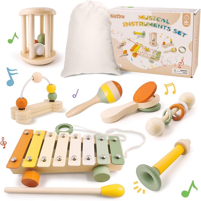Wooden Musical Instruments Set for Toddlers 18+ Months - 7PCS Montessori Educational Learning Toys with Xylophone, Maracas, Trumpet & Storage Bag for Kids Baby