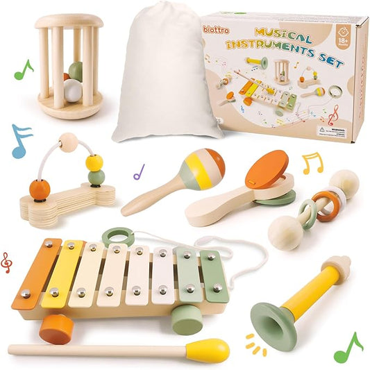 Wooden Musical Instruments Set for Toddlers 18+ Months - 7PCS Montessori Educational Learning Toys with Xylophone, Maracas, Trumpet & Storage Bag for Kids Baby
