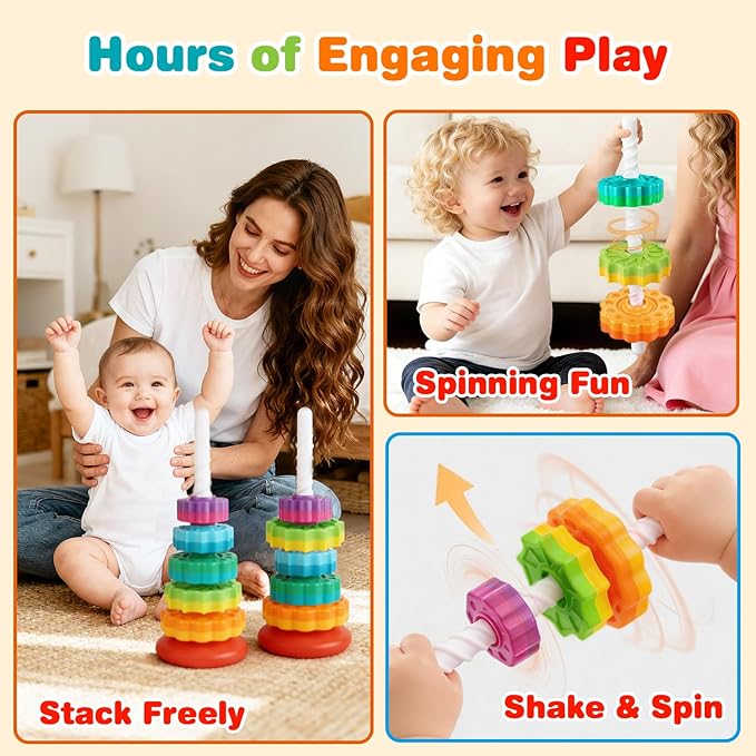 Baby Spinning Stacking Toys Sensory Toys for Toddlers 1-3, Rainbow Ring Spin Montessori Toys for Babies 6-12 Months, Autism Learning Toy for 1 2 3 One Year Old Girl Boy Christmas Birthday Gifts