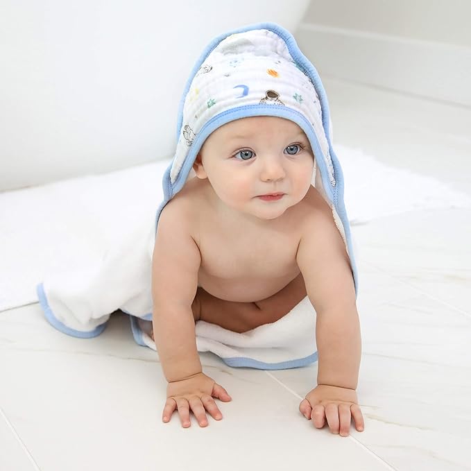 aden + anais Essentials Hooded Baby Bath Towel, Super Soft 100% Cotton, 2 Pack, Space Explorers