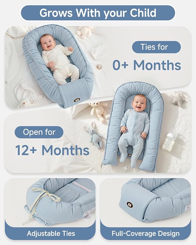 Baby Lounger, Adjustable Baby Lounger for Newborn 0-24 Months, Breathable & Soft Infant Lounger,Tummy Time Lounger for Home and Travel,Baby Girls & Boys Babies Stuff, Mother's Day Gift for Her, Blue