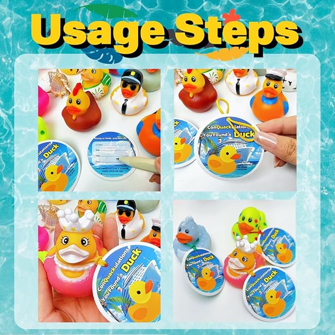Cruise Ducks 100-Piece Adventure Kit: 30 Assorted Rubber Ducks, 30 Cruise Ship Tags & 40 Bands for Hiding Games, Bath Toys, Pool Fun, or Collectible Decor