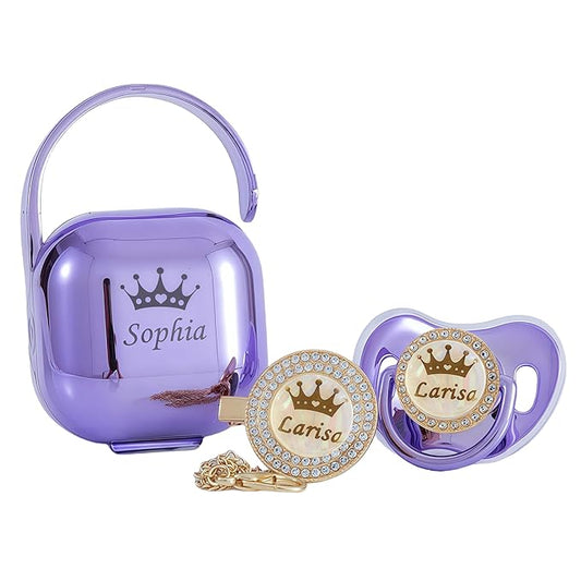 Personalized Bling Pacifier Box and Pacifier Set Unique Gift to New Bron Baby and Baby Shower (Metallic Purple)