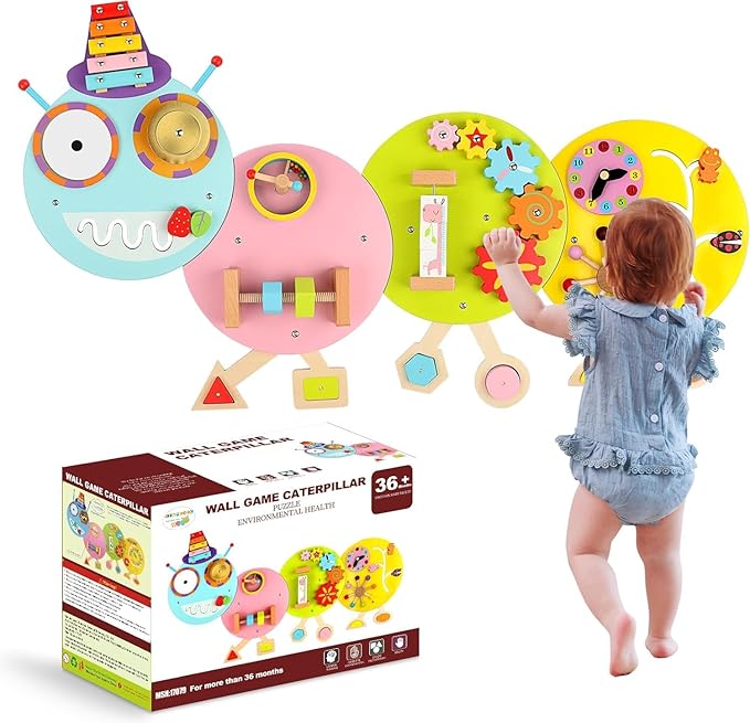 Caterpillar Activity Wall Busy Board for Kids:12 in 1 Sensory Wall Panel for Toddler,Wooden Montessori Educational Toys for Playroom Daycare Nursery Classroom