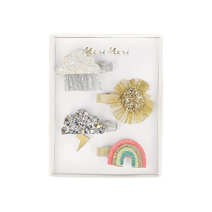 Meri Meri Sparkly Weather Hair Clips - Set of 4 - Silver, Rainbow, Pink - Crocodile Clips - Modern, Contemporary - Glitter & Leatherette - Adults & Kids 4+