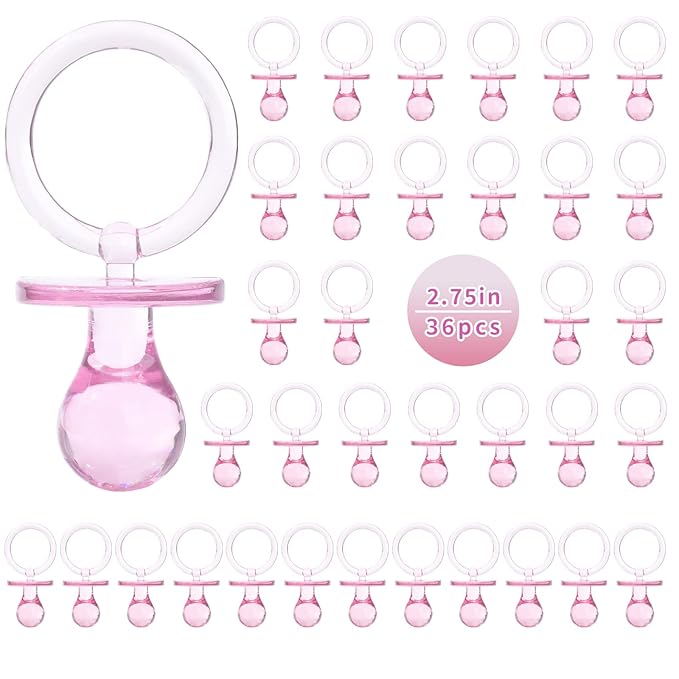 Pacifiers for Baby Shower Game, 36PCS Plastic Pacifiers for Baby Shower Decoration DIY, Large Size Baby Shower Pacifiers, Gender Reveal Party Table Scatter/Hunt Baby Shower Game Props(Pink, 2.75 in)