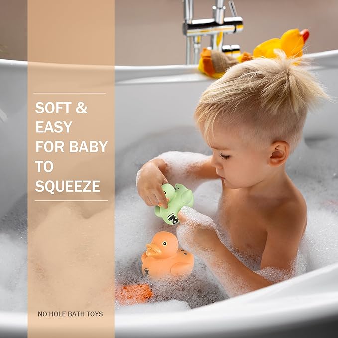 Bath Toys for Toddlers 1-3, 8 Pcs No Hole Wheat Straw Rubber Ducks, Christmas Stocking Stuffers Gifts for Boys & Girls 6-12 Months, Floating Baby Bath Toys for Sensory Learning & Education