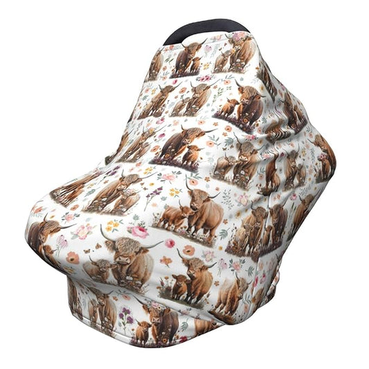 Highland Cow Baby Car Seat Covers Canopy Covers Baby Multi-Use Car Seat Canopy Carrier Cover, Breathable Breastfeeding Cover Boys & Girls