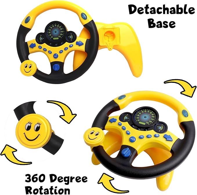 Kids Steering Wheel Toy for Car Backseat with Light and Music,Suction Cups Base-Interactive Simulated Driving Toy Steering Wheel for Kids Boys Girls,Yellow