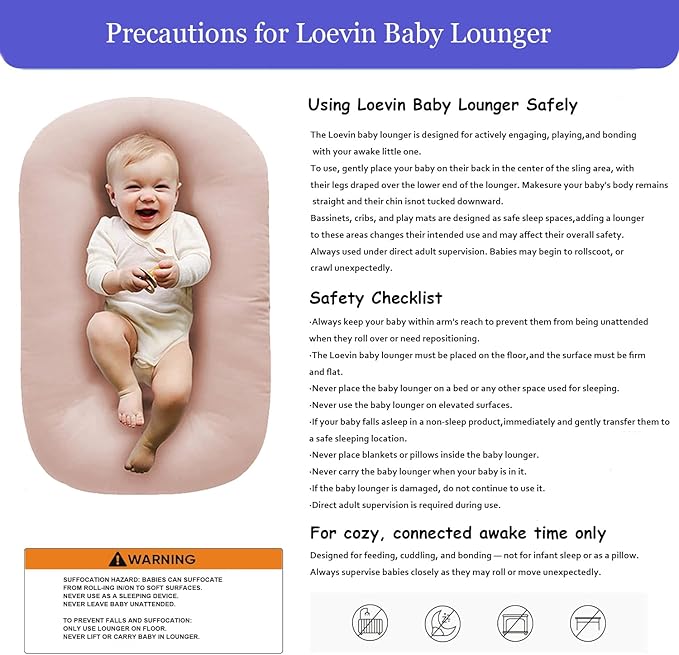 Baby Lounger Play Mat,Baby Lounger for Newborn Tummy Time for Babies in Bed,0° Angle Newborn Loungers Babies Nest for Boys & Girls 0-12 Months(Pink)