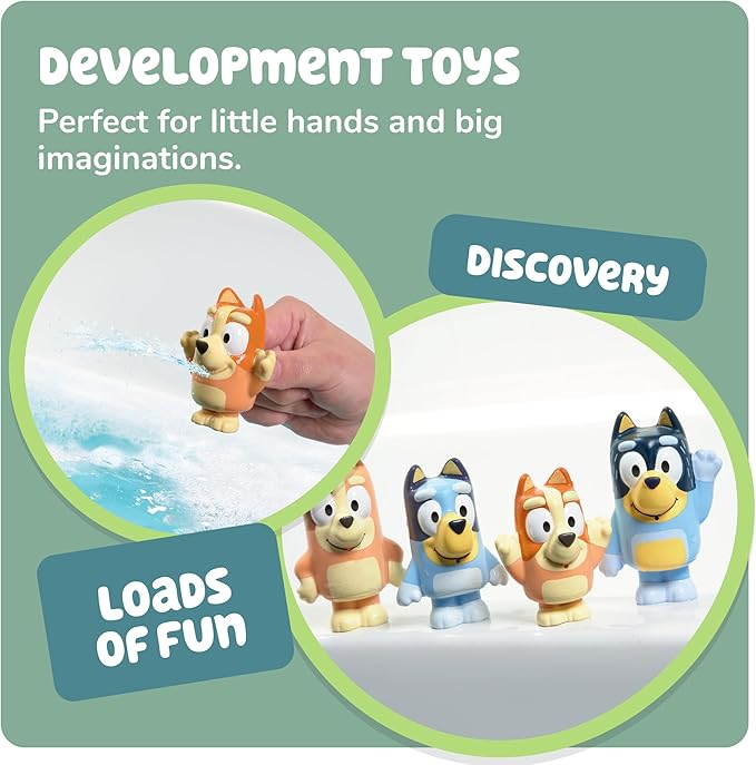 TOMY Toomies Bluey Bath Toy Squirters - Includes Bandit, Chilli, Bingo, and Bluey Figures – Toddler Water Toys for Pool or Bathtub Play - Toddler Toys Ages 18 Months and Up