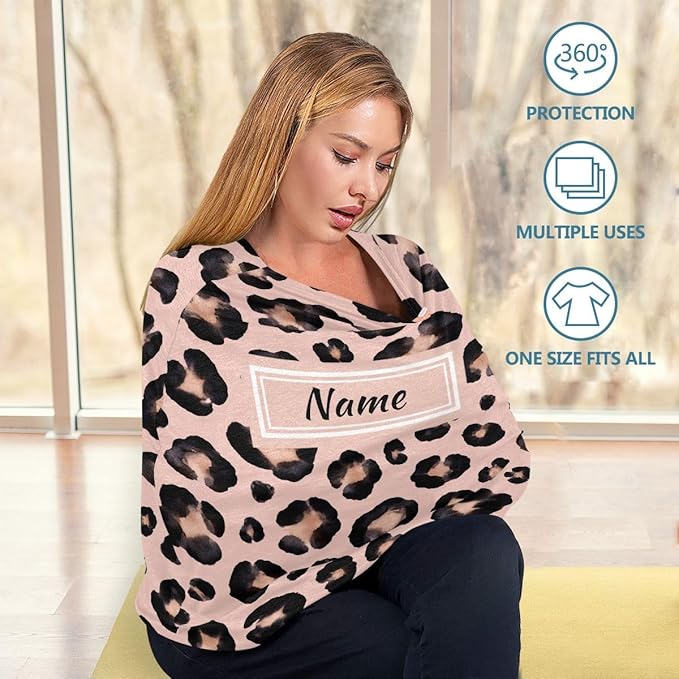 Custom Snow Leopard Pink Beige Baby Car Seat Cover Personalized Your Name Nursing Covers Breastfeeding Scarf Infant Carseat Canopy for Mom Baby Gift