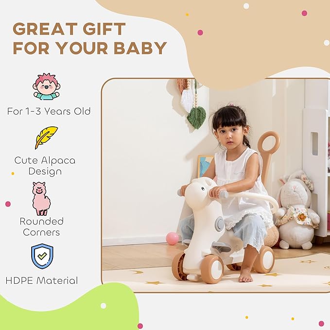 Qaba 4-in-1 Rocking Horse for Toddlers 1-3 Years, Baby Rocking Horse with Detachable Balance Board and Push Handle, Alpaca-Shaped Ride On Toy with 4 Smooth Wheels, for Baby Girls and Boys, Brown