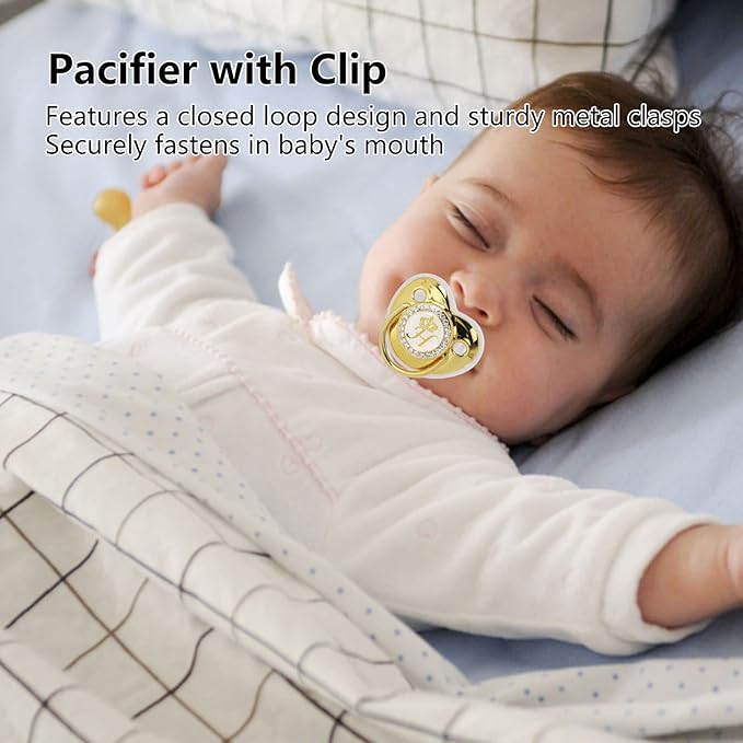 Golden Letter Baby Pacifier with Personalized Bling Design, Clips, Anti-Dust Cover for Newborn Photography, Birthday, Baby Shower